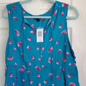 TEAL WATERMELON RAYON SLUB BUTTON-FRONT TIERED TANK - TORRID